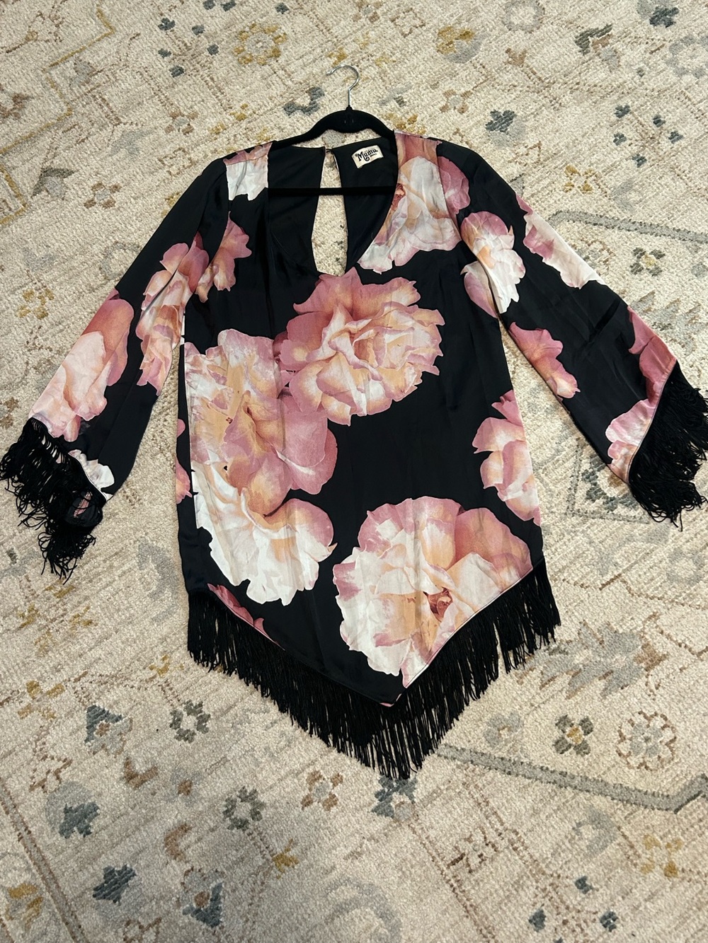 Show Me Your MuMu Black Dress with Pink and Cream Floral Print and Fringe Trim